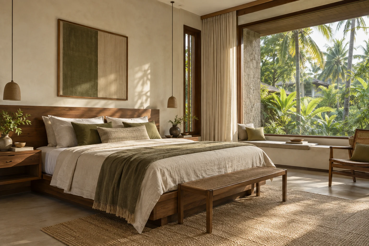 calm bedroom in linen and warm timber tones